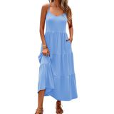Vestido Maxi Halife Long Flowy Spaghetti Com Alça De Poliéster Azul