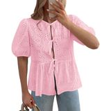Blusa Feminina Kirundo Com Gravata Frontal, Manga Curta, Renda Oca