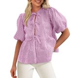 Blusa Feminina Prettygarden Com Gravata Frontal Listrada Roxa Vermelha