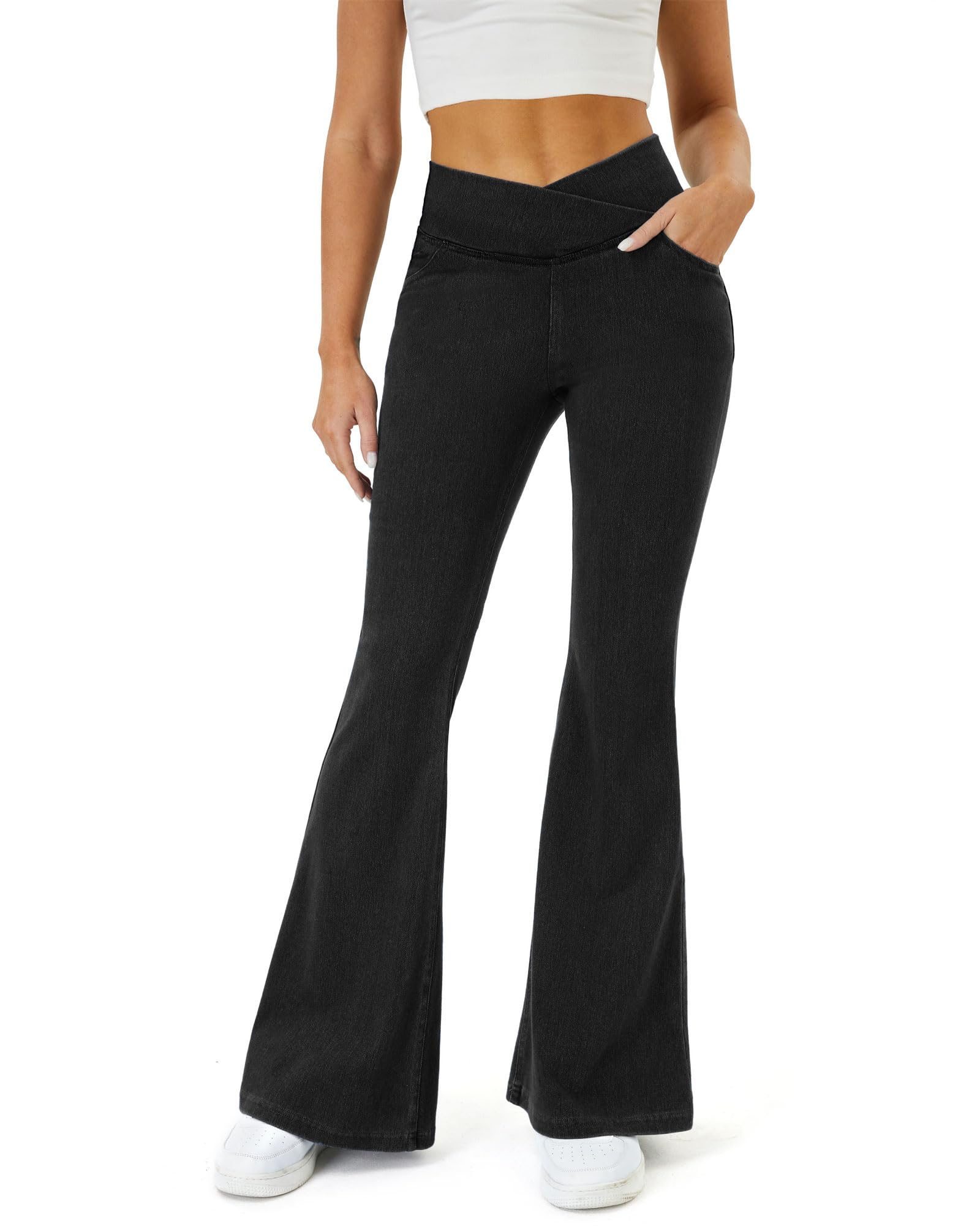 Jeans Copyleaf Bell Bottom Para Mulheres De Cintura Alta, Pretos