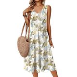 Vestido De Verão Zeagoo Summer Flowy Plissado Com Decote Em V Com Bolsos Femininos
