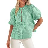 Blusa Feminina Prettygarden Com Gravata Frontal Listrada Verde Tamanho M