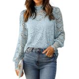 Blusa Hotouch Sexy De Renda Azul De Manga Comprida Para Mulheres