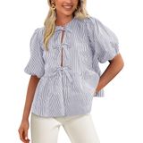 Blusa Feminina Prettygarden, Gravata Frontal, Listrada, 2025, Cinza, Azul