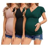 Blusas De Maternidade Ekouaer, Pacote Com 3 Camisas De Amamentação Com Decote Em V