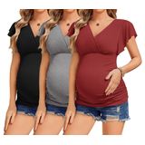 Camisas De Maternidade Ekouaer Flying De Manga Curta, 3 Pacotes, Preta/cinza/vinho Tinto