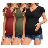 Camisas De Maternidade Ekouaer Flying De Manga Curta, 3 Pacotes: Vermelho Vinho/verde Militar/preto S