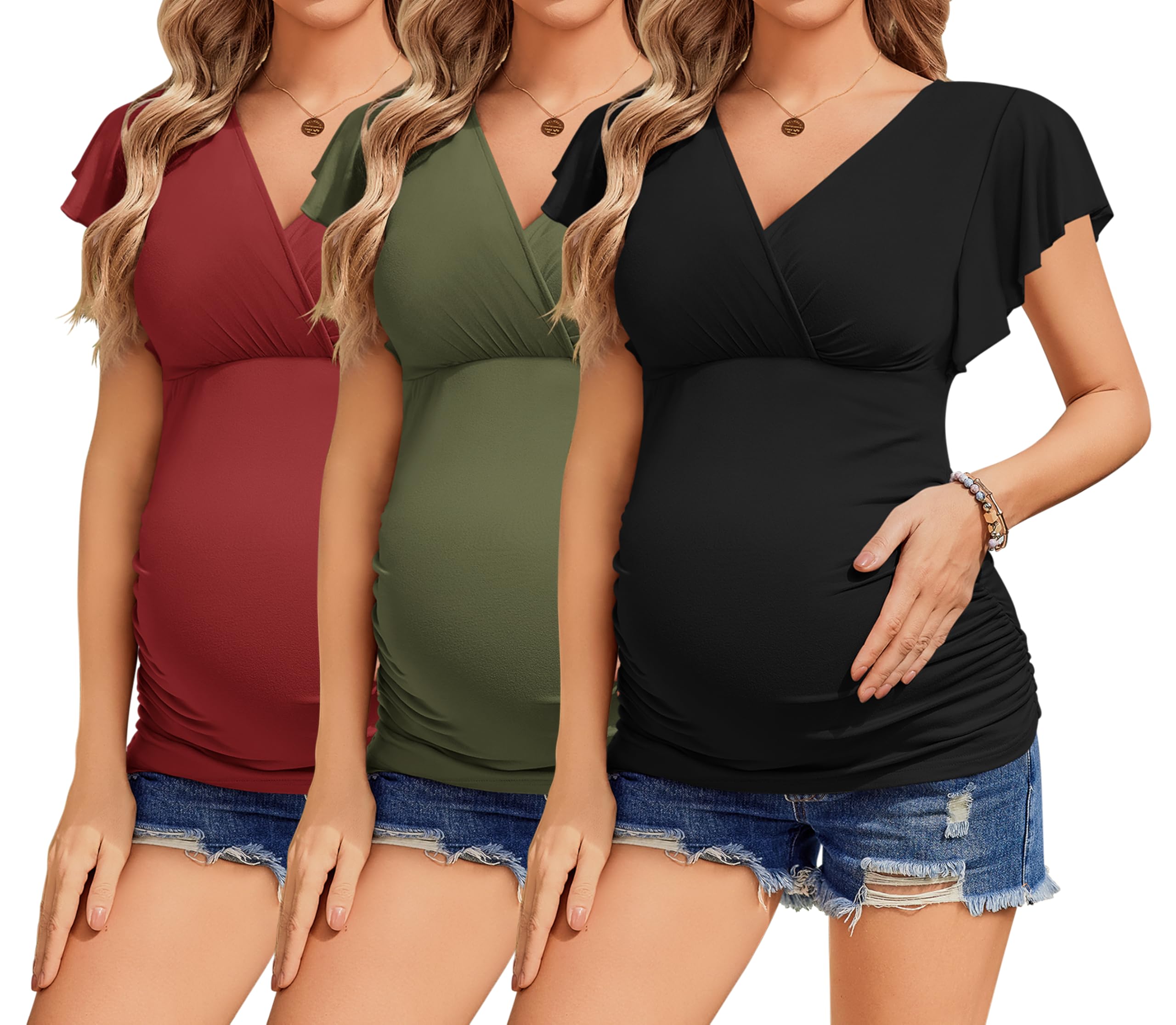 Camisas De Maternidade Ekouaer Flying De Manga Curta, 3 Pacotes: Vermelho Vinho/verde Militar/preto S