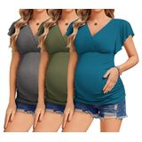 Camisas De Maternidade Ekouaer Flying De Manga Curta, 3 Pacotes: Cinza Escuro/verde Militar/azul Verde