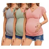 Camisas De Maternidade Ekouaer Flying De Manga Curta, 3 Pacotes, Cinza Claro/verde Claro/laranja, Rosa