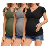 Blusas De Maternidade Ekouaer, Pacote Com 3 Pacotes, Decote Em V, Manga Curta, Verde Militar, Cinza, Preto