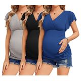 Camisas De Maternidade Ekouaer Flying De Manga Curta, 3 Pacotes, Cinza Claro/preto/azul Marinho