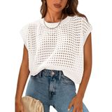 Top Prettygarden Feminino De Crochê, Primavera E Verão, Manga Curta, Branca