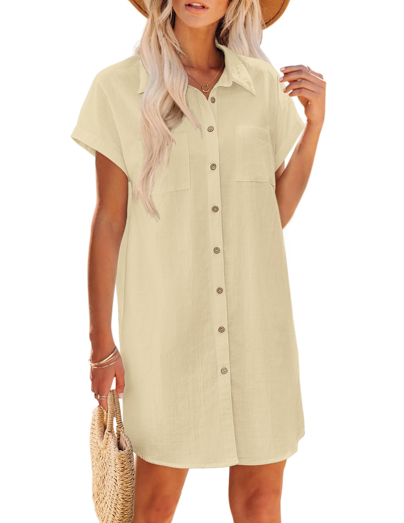 Vestido Zeagoo Button Down Linen Shirt A Line Com Decote Em V Para Mulheres