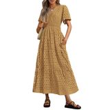 Vestido Maxi Prettygarden Feminino 2025 Com Decote Em V E Manga Curta