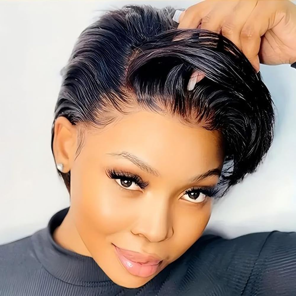 Peruca Yihangda Bob Human Hair Short Pixie Cut Lace Front 20cm