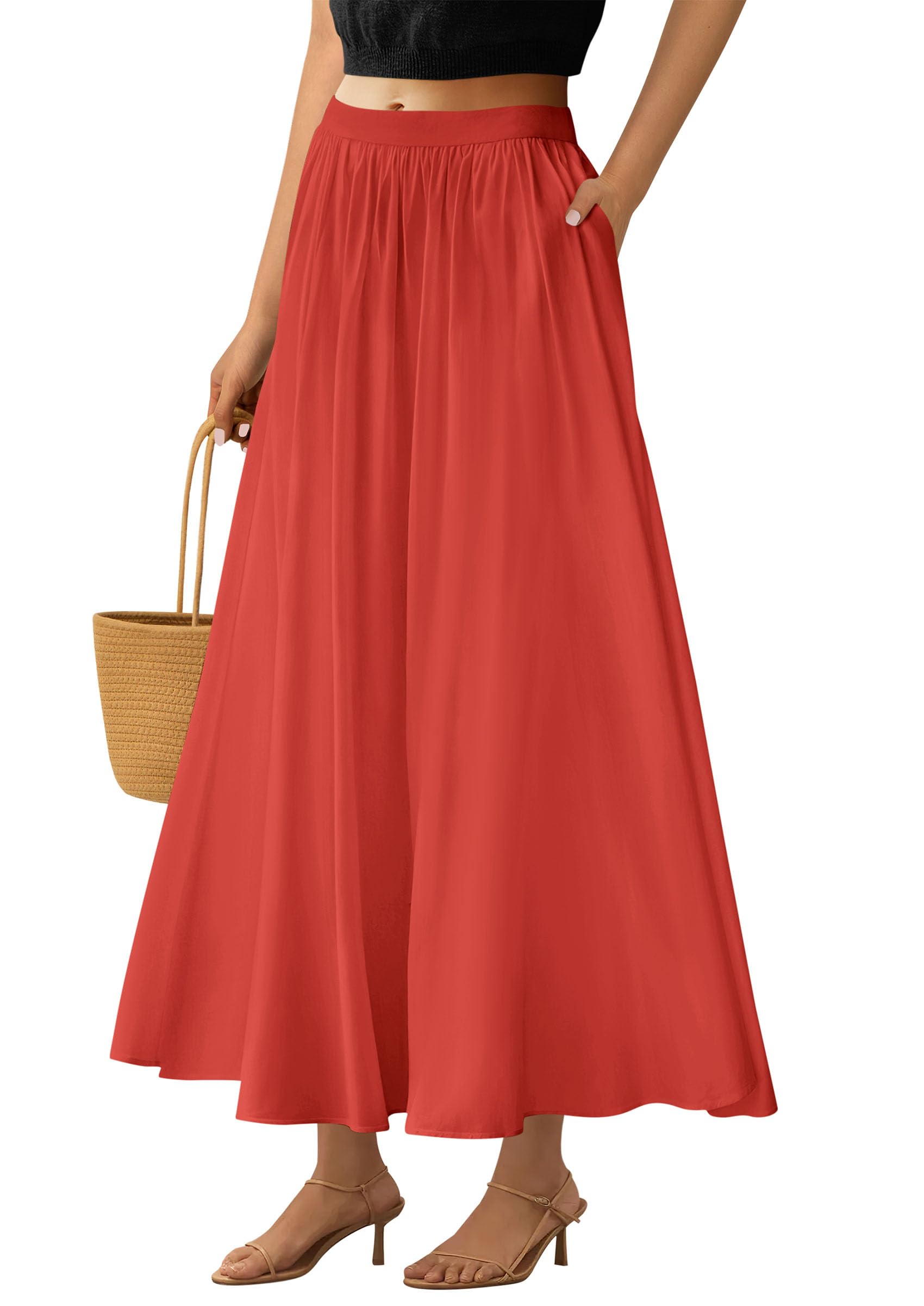 Saia Maxi Prettygarden 2025 Com Babado De Verão, Cintura Alta, Vermelha