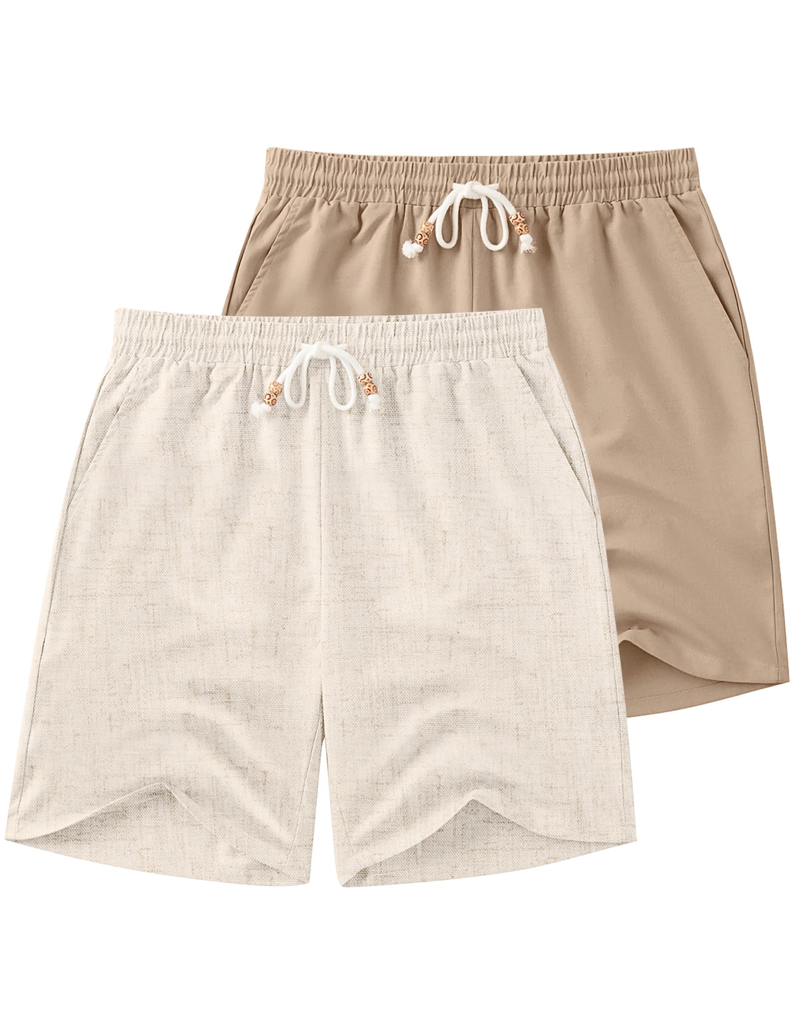 Shorts Masculinos Coofandy, Linho, Cordão, Elástico, Cintura Cáqui
