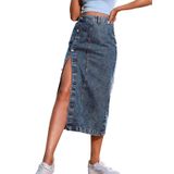 Saia Jeans Dvaemalligo Cinza Azul Cintura Alta Com Botões Midi