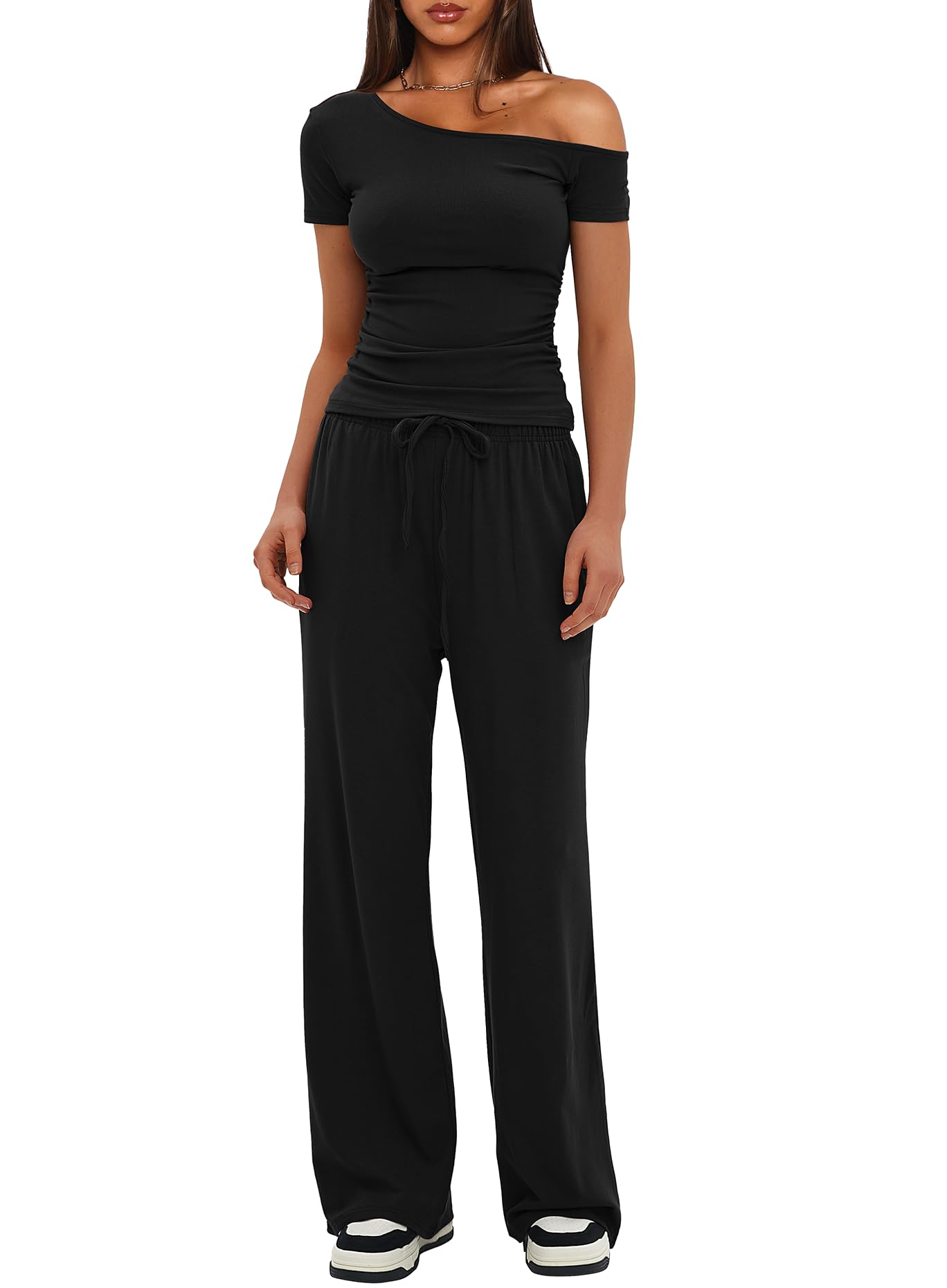 Lounge Set Darong 9083a Feminino, Preto, Xs, Sem Ombros, Calças Largas