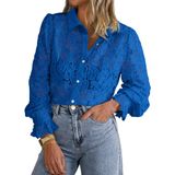 Blusa Btfbm De Renda De Manga Comprida Para Mulheres, Primavera De 2025, Azul