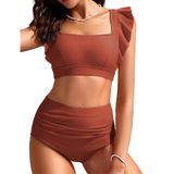 Conjunto De Biquíni Kate Kasin, Cintura Alta, Cobertura Total, Vermelho Tijolo