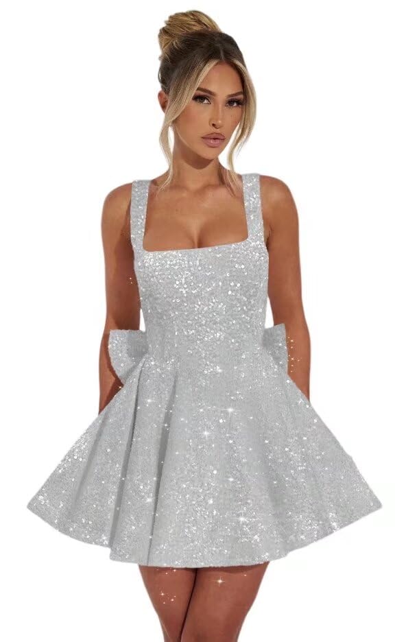 Vestido De Boas-vindas Dessiny Modest Sequin Spaghetti Strap Silver