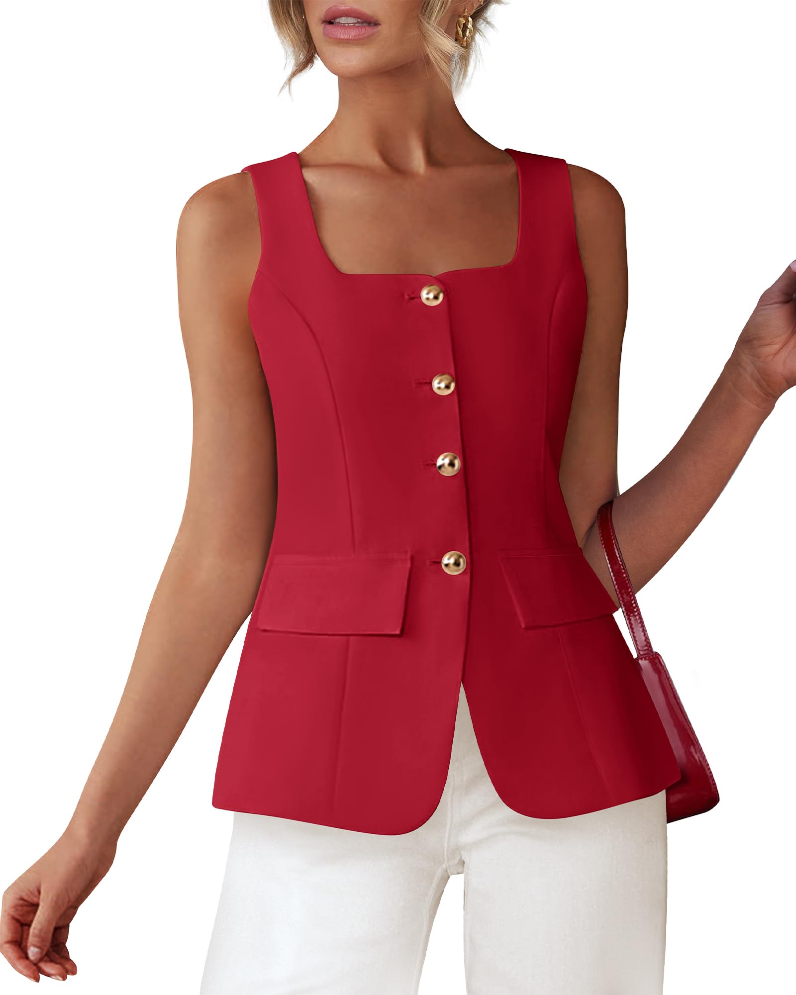 Colete Elegante, Casual, Gola Quadrada, Blazer De Trabalho, Vermelho