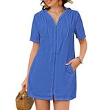 Cobertura De Maiô Bsubseach Terry Cloth Com Capuz E Zíper Azul L