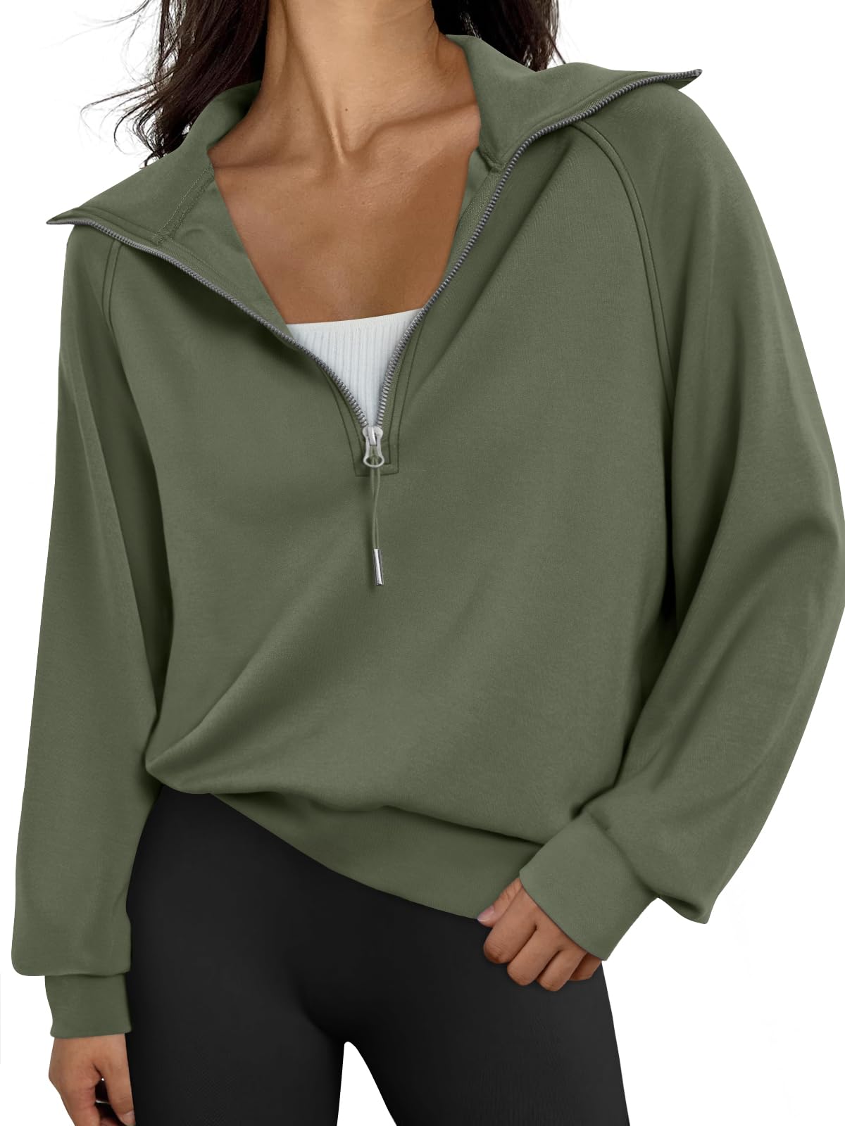 Moletom Trendy Queen Oversize Com Meio Zíper, Verde Exército, M