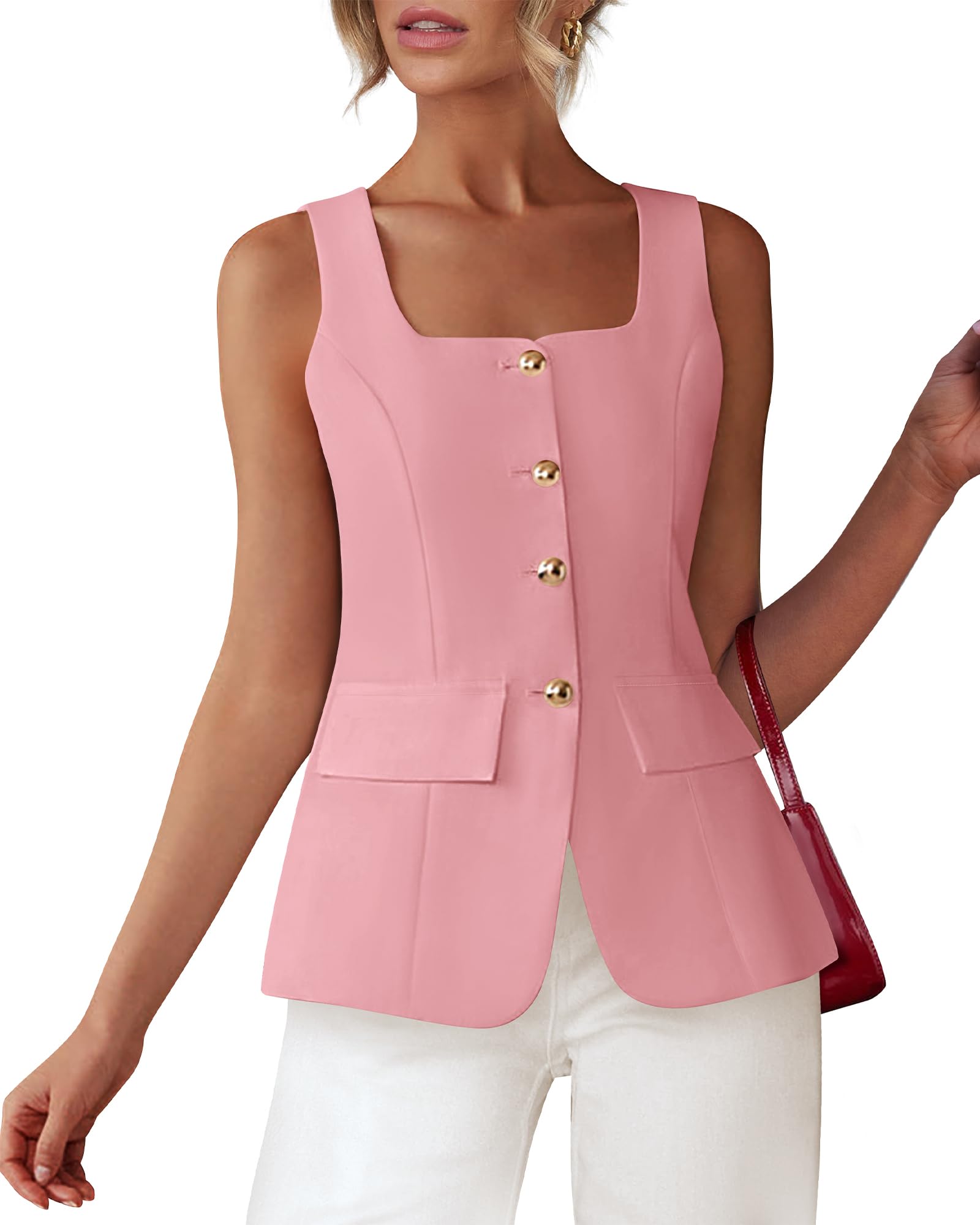 Colete Blazer Btfbm Feminino Sem Mangas Com Gola Quadrada Rosa S