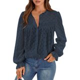Blusa Prettygarden Com Ilhó De Renda De Manga Comprida Para Mulheres Navy S