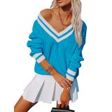 Suéter Feminino Aoudery Com Decote Em V De Grandes Dimensões Tricotado Azul Tamanho L