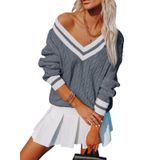 Suéter Feminino Aoudery Com Decote Em V De Grandes Dimensões Tricotado Cinza Xxl