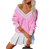 Suéter Feminino Aoudery Com Decote Em V De Grandes Dimensões Tricotado Listrado Rosa