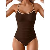 Roupa De Banho Feminina De Uma Peça Para Controle De Barriga Franzida Marrom Escuro