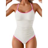 Roupa De Banho Feminina De Uma Peça, Controle De Barriga, Franzida, Branca, Rosa