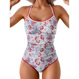 Roupa De Banho Feminina De Uma Peça Para Controle De Barriga, Franzida, Vermelha, Floral