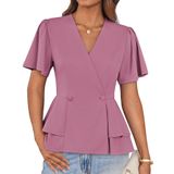 Blusa Feminina Grace Karin Rosa Elegante, Peplum, Decote Em V