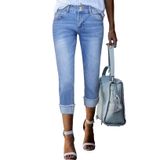 Calça Jeans Feminina Sidefeel, Capris, Cintura Alta, Elástica, Justa, Enrolada, Verão, Algemada, Cortada, De Zimba-platina, Azul Claro, Tamanho 10