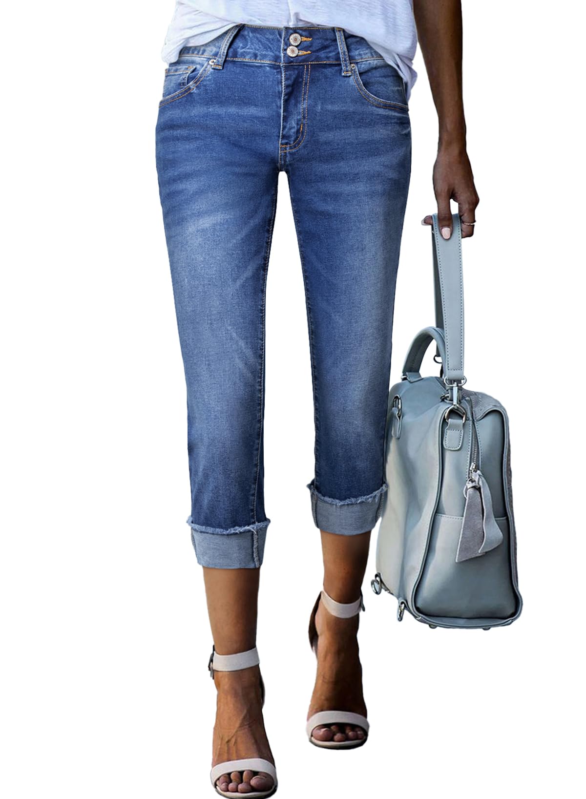 Jeans Capri Femininos Sidefeel, Cintura Alta, Controle De Barriga, Elásticos, Enroláveis, Algemados, Cortados, Cortados, Azul Escuro, Tamanho 12