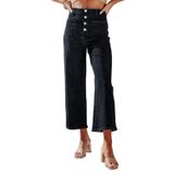 Jeans Sidefeel, Perna Larga, Cintura Alta, Elástica, Preta, Feminina