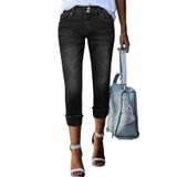 Jeans Capri Femininos Sidefeel Pretos De Cintura Alta Para Controle De Barriga, Elásticos, Enroláveis, De Verão, Calças Jeans Cortadas, Tamanho 8