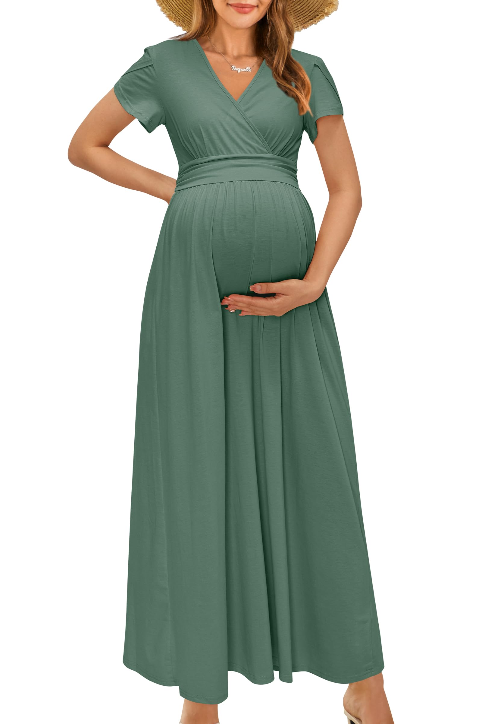 Vestido Maxi De Maternidade Ouges Summer Wrap, Decote Em V, Cinza, Verde
