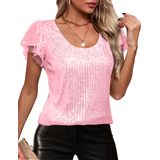Blusa Feminina Traleubie Rosa Brilhante Com Lantejoulas E Manga Com Babados