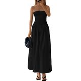 Vestido Maxi Prettygarden Feminino 2025 Elegante Sem Alças Preto