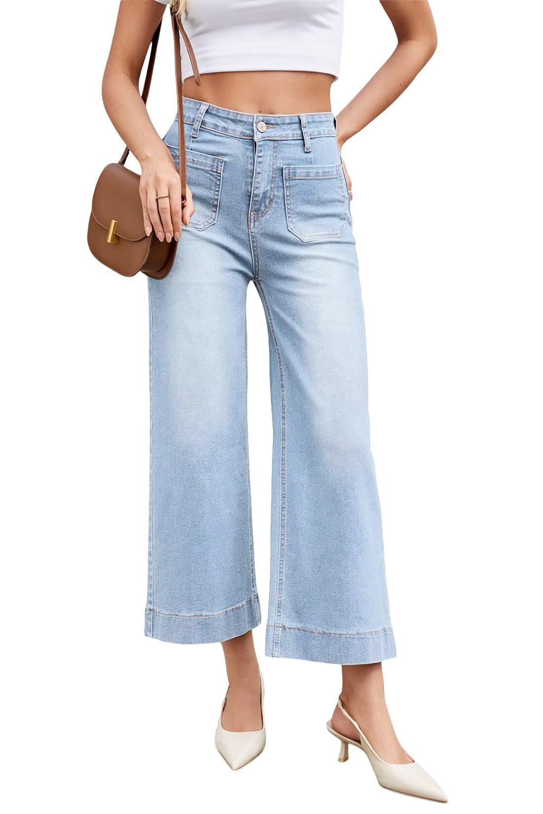 Jeans Allimy Femininos Com Pernas Largas, Cintura Alta, Cortados Em Azul Claro