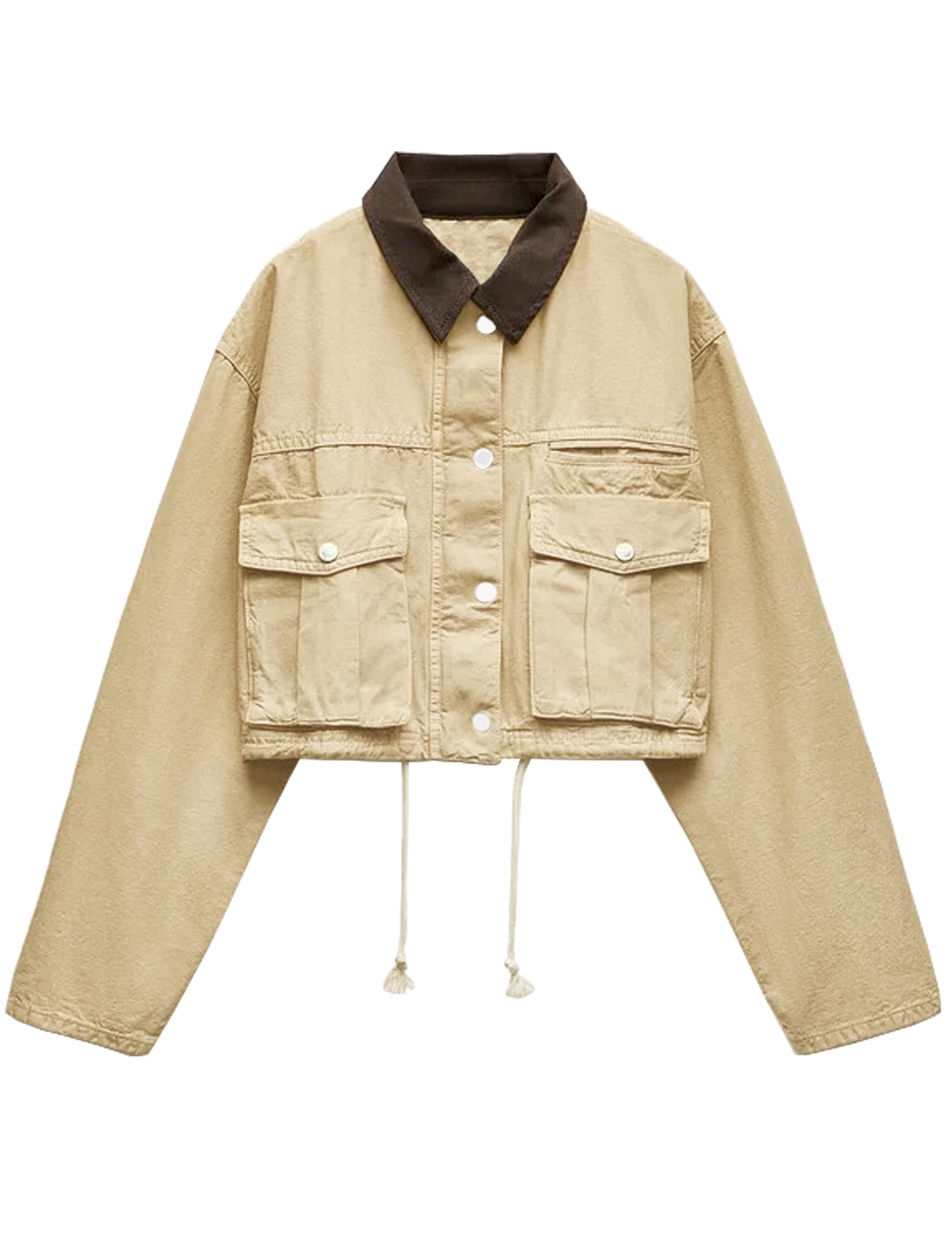 Casaco Utilitário Feminino Megfie Com Gola Contrastante Cáqui