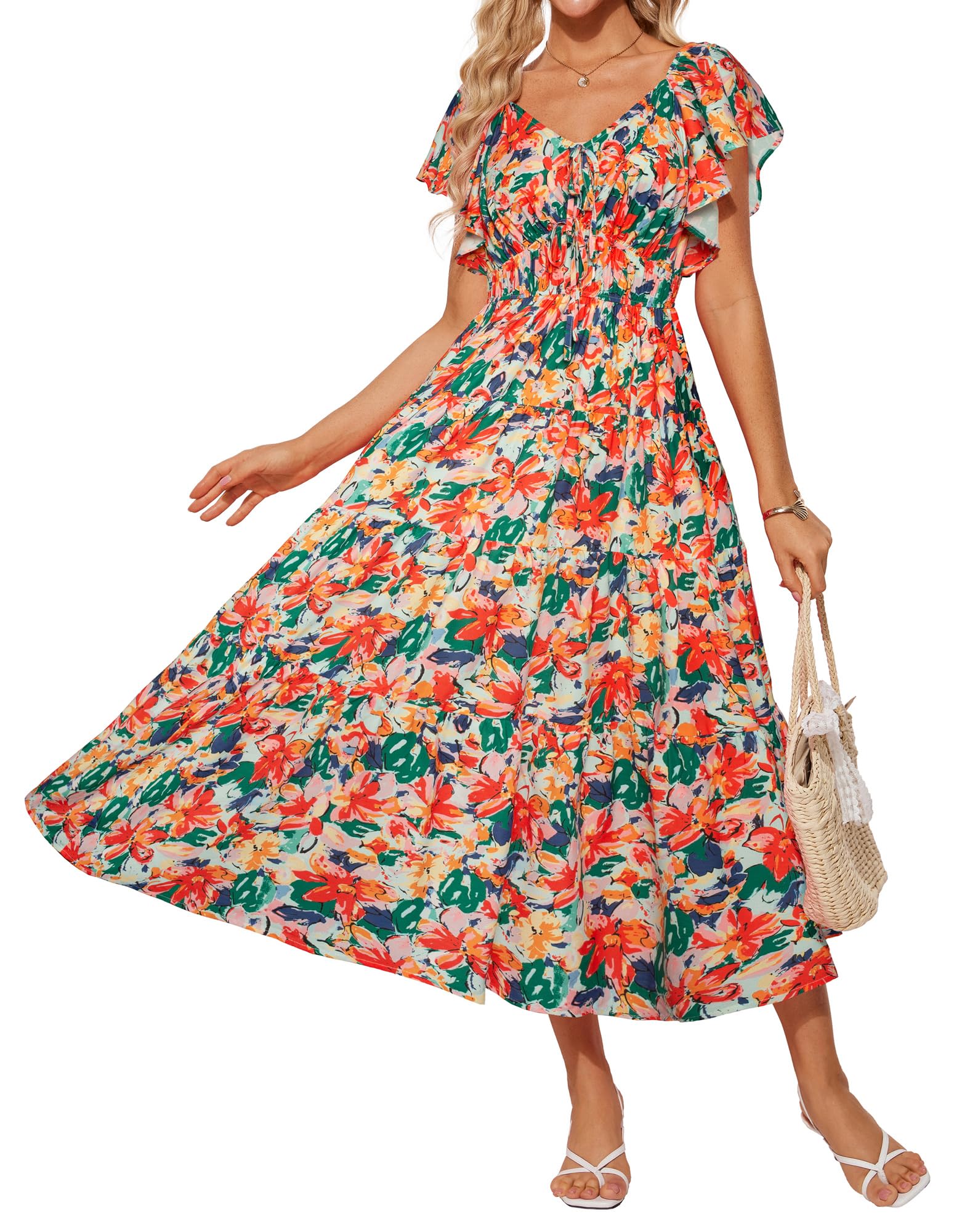 Vestido Maxi Grace Karin Floral De Verão Com Decote Em V E Manga Com Babados