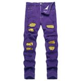 Jeans Masculinos Mickason, Justos, Elásticos, Rasgados, Roxo/amarelo